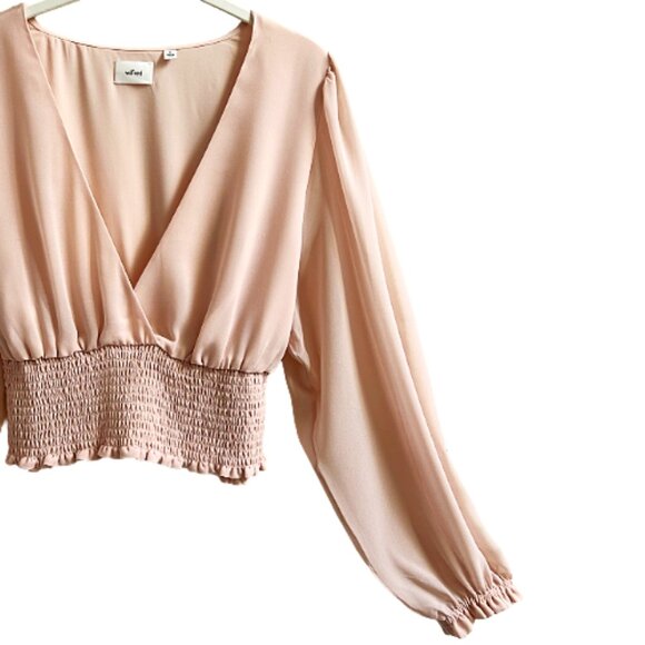 Aritzia Wilfred Wistful Smocked V-Neck Sheer Long Sleeve Blouse Coral Blush XL - Picture 3 of 7